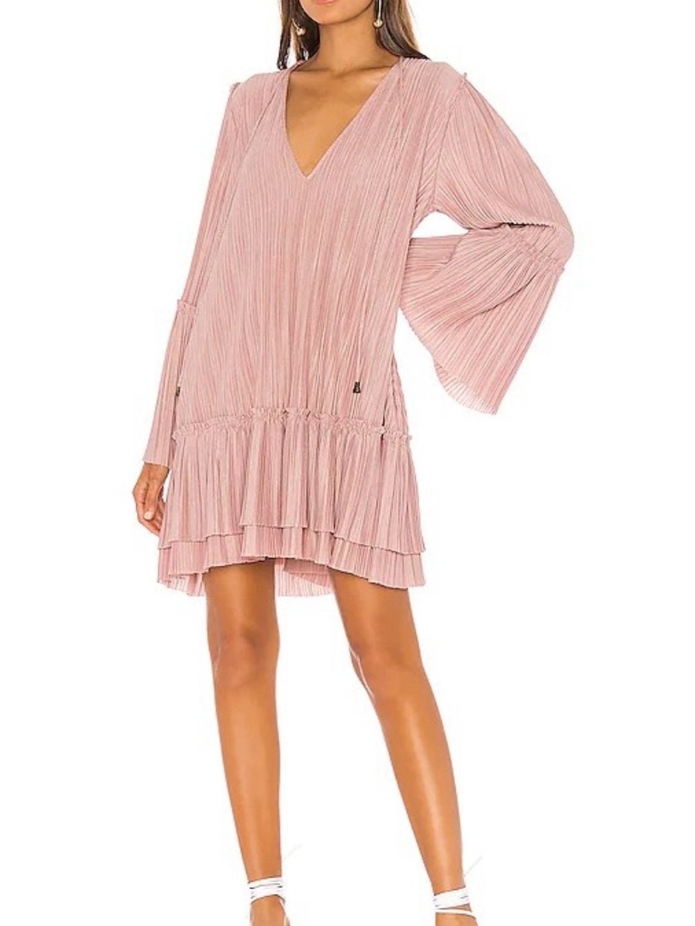 Free People Dusty Rose Pleated V-Neck Bell Sleeve Mini Dress